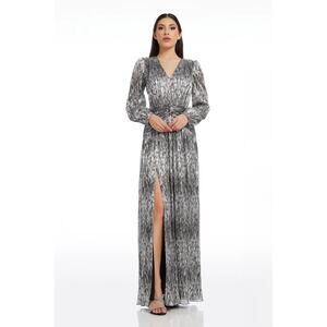 Dress The Population Cia Metallic Long Sleeve Maxi Dress Silver Black NWOT Large